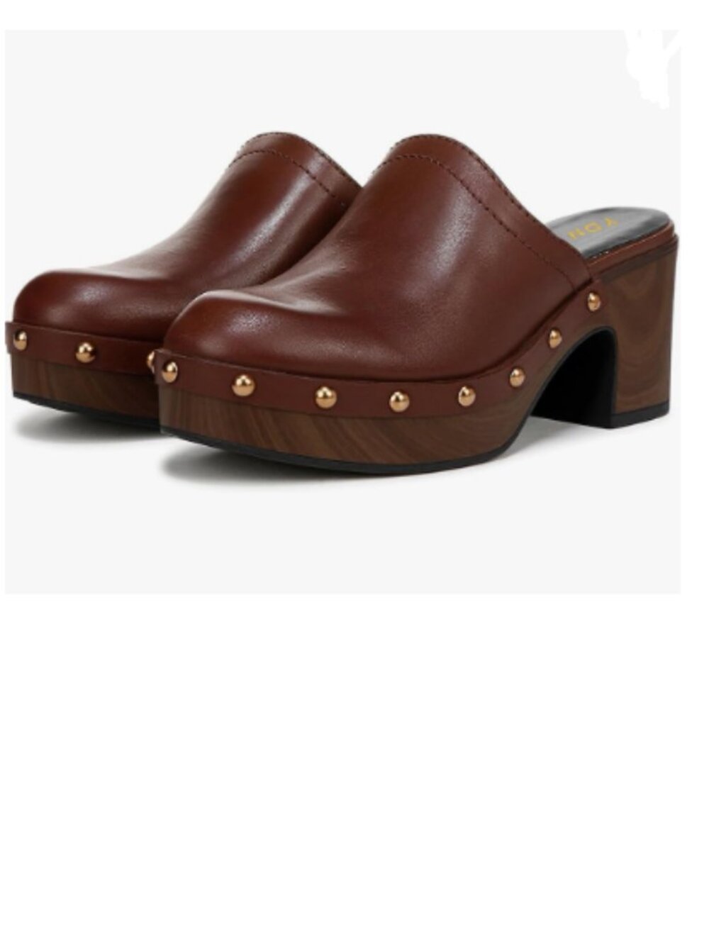 YDN Brown Rounded Toe Studded Clogs Mules Platform Slip On Block Mid Heel Sandal